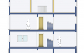Querschnitt durch ein mehrgeschossiges Wohngebäude mit Treppenhaus, Etagenaufteilung, sichtbaren Tragwerksbalken und stilisierten Personen zur Darstellung der Raumdimensionen.