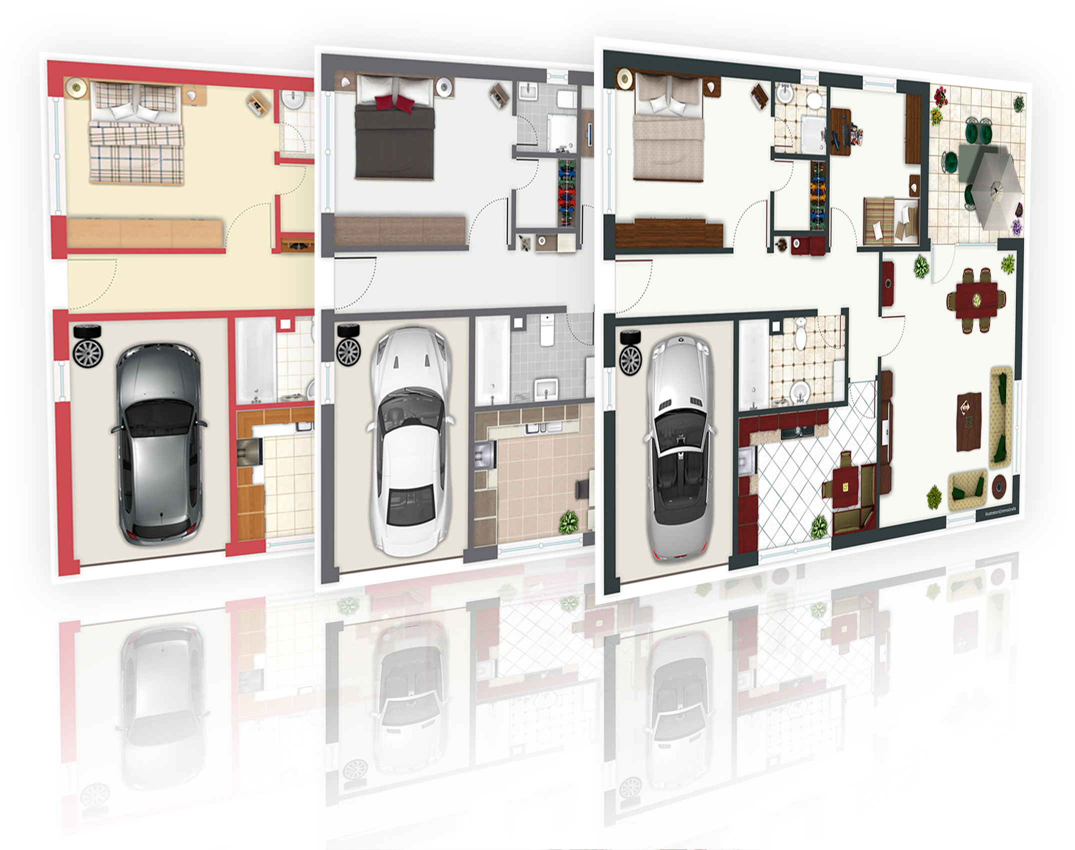 Drei nebeneinander dargestellte Grundriss-Visualisierungen eines Einfamilienhauses mit unterschiedlichen Design-Lebenswelten, jeweils mit Garage, Schlafzimmer, Bad, Küche, Wohnbereich und Terrasse gestaltet.