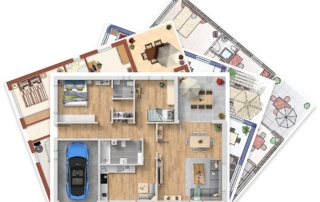 Verkaufsoptimierter Exposé-Grundriss einer Wohnung mit möblierter Raumdarstellung – visualisierte Räume mit Wohnzimmer, Küche, Schlafzimmer, Bad und Garage für Immobilienmarketing.