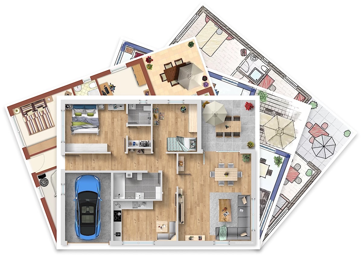 Verkaufsoptimierter Exposé-Grundriss einer Wohnung mit möblierter Raumdarstellung – visualisierte Räume mit Wohnzimmer, Küche, Schlafzimmer, Bad und Garage für Immobilienmarketing.