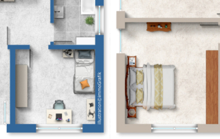 Zwei fotorealistische Wohnungsgrundrisse im Vergleich mit unterschiedlichen Designstilen, möblierten Schlafzimmern, Treppe und Arbeitsbereich zur emotionalen Immobilienvermarktung.