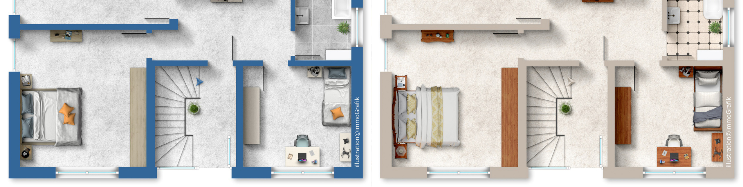 Zwei fotorealistische Wohnungsgrundrisse im Vergleich mit unterschiedlichen Designstilen, möblierten Schlafzimmern, Treppe und Arbeitsbereich zur emotionalen Immobilienvermarktung.
