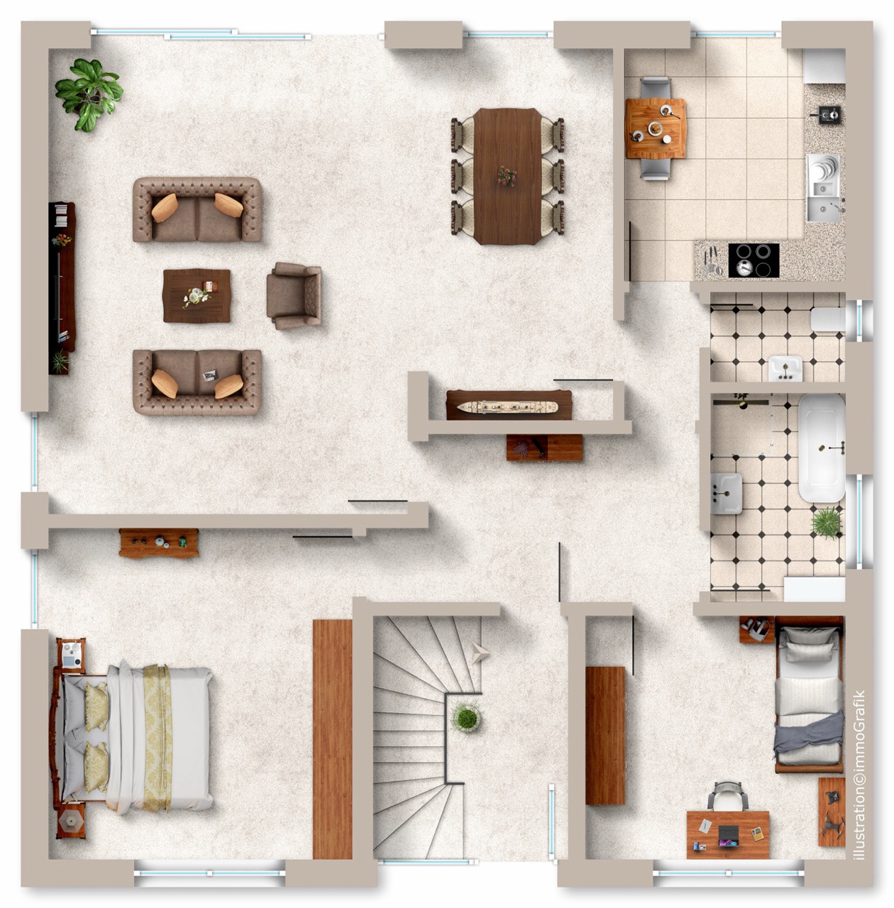 Fotorealistisch – Klassisch-stilvoll Fotorealistischer Grundriss Maisonette